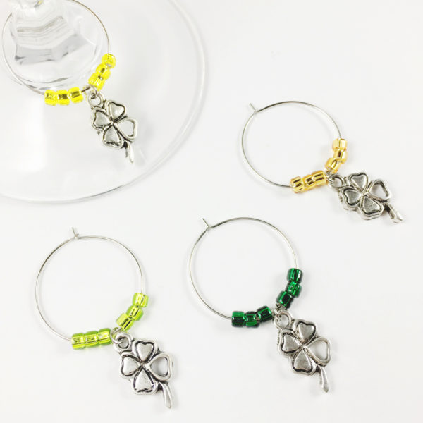 clover wine charms, lucky wine charms, wine charms lucky clover, lucky clover decoration ideas, wine charm clover, wine charm four leaf clover, four leaf clover wine charms