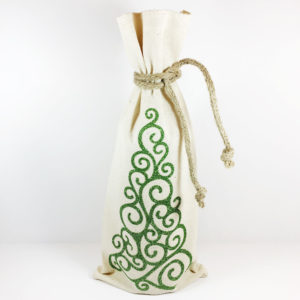 christmas canvas wine bag with green christmas tree, comes with jute tie
