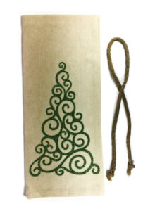 canvas wine bag with glittery christmas tree, comes with jute tie