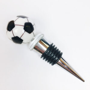 metal wine stopper with lampwork glass soccer ball on top