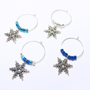 snowflake wine glass charms, set of 4 with blue and silver glass beads