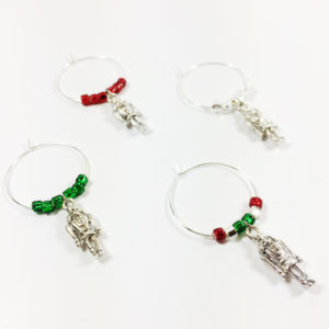 set of 4 wine charms for christmas with red, green and silver glass beads