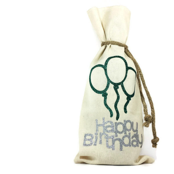 wine bag says happy birthday in silver with teal green balloons