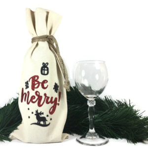 Be Merry Wine Bag is 100% cotton with jute tie