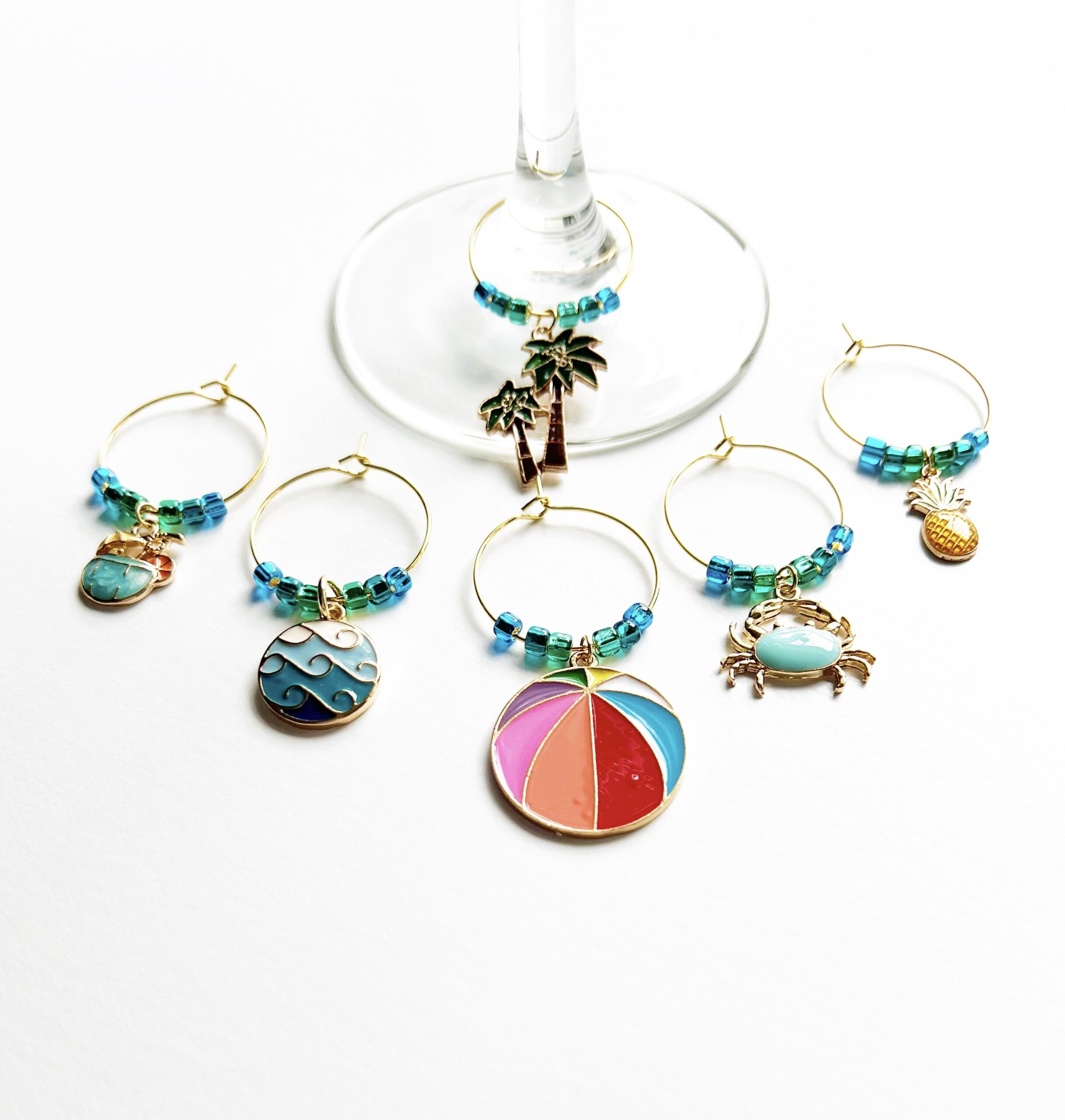 set of 6 beach wine glass charms